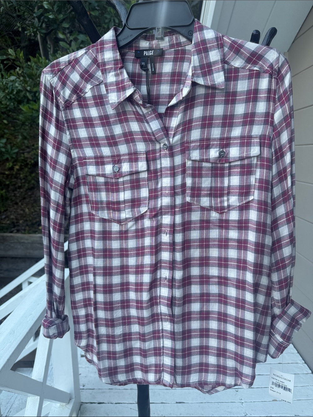 PAIGE Men's Maroon and White Plaid Button-Down Shirt